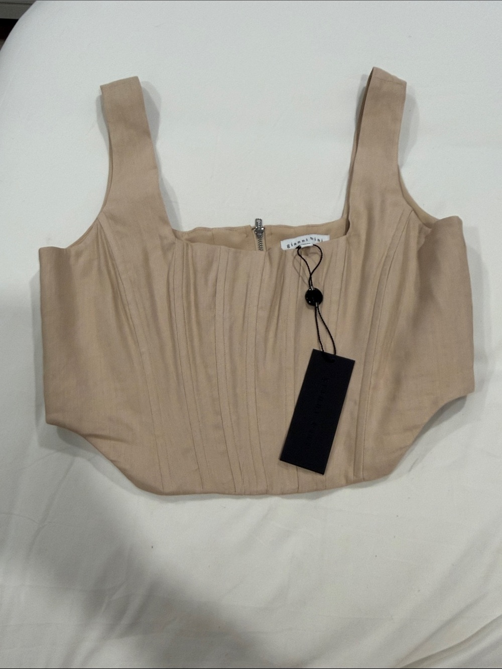 Gianni Bini Neutral Beige Pleated Square-Neck Crop Top